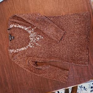 Festive 3/4 sleeve top with pearl beading at scoop neckline